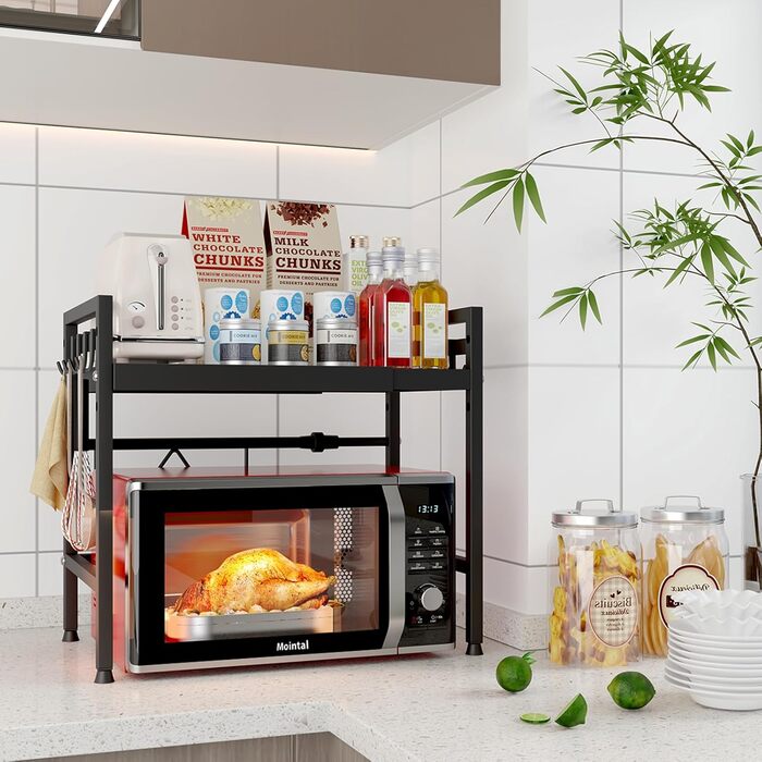 Регульована підставка для мікрохвильової печі, 2-рівнева розширювана, з вуглецевої сталі, з 8 гачками, чорна