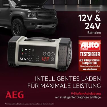 Зарядний пристрій акумуляторів AEG LT 20, 20A для 12/24V авто, 9-ступінчатий, Power Supply, інтелектуальна зарядка, автоматична компенсація температури, чорний/сірий