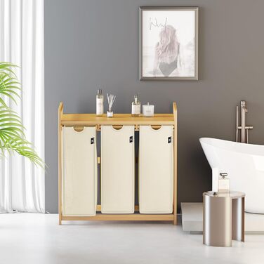 Кошик для білизни AdelDream 150L з 3 відділеннями, висувні полиці та знімний мішок для білизни, бамбуковий каркас, бежевий