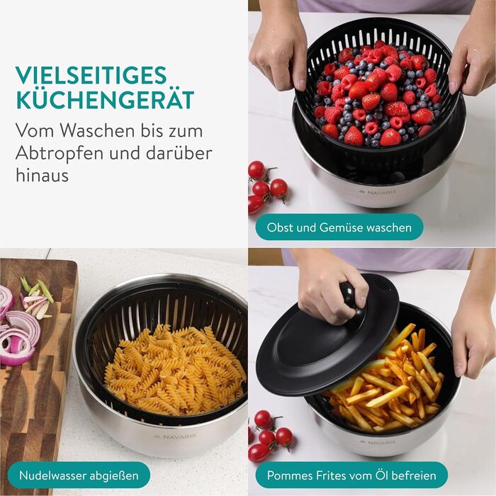 Навіс салатниця з нержавіючої сталі Navaris з кришкою та друшляком - для сушіння салату