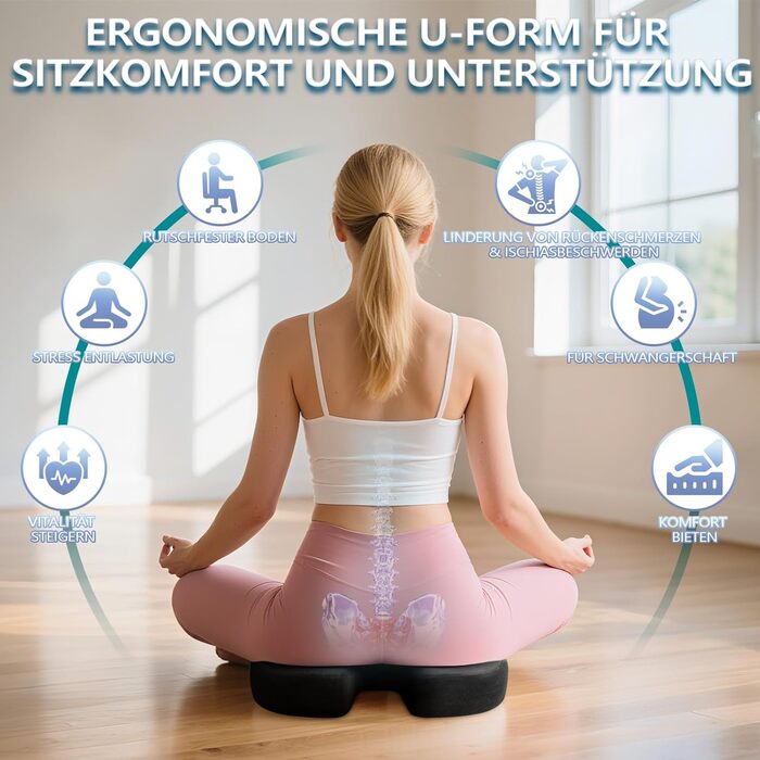 Ортопедична подушка для сидіння Ecosafeter з піною Memory Foam - для поліпшення кровообігу та полегшення болю в куприку. Ергономічна подушка для офісного, комп'ютерного стільця та інвалідного візка. Чорний колір.
