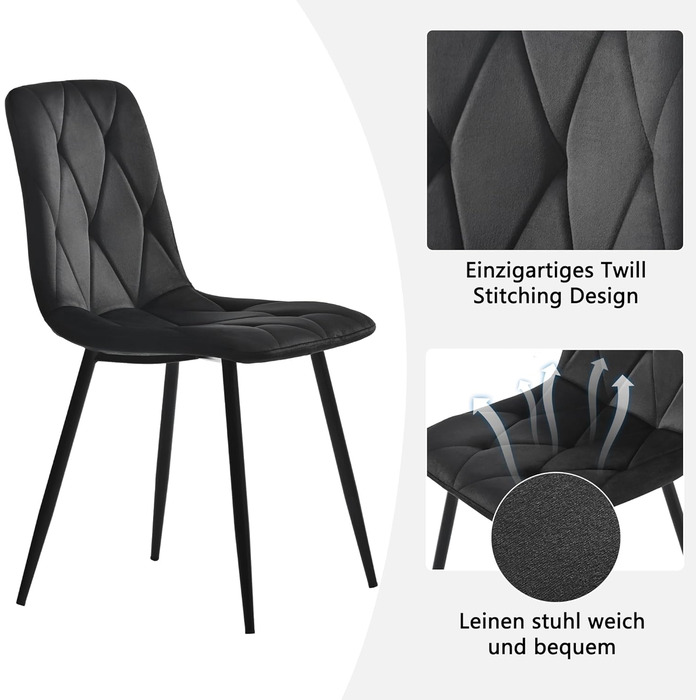 KUAKE Комплект обідньої групи: стіл 117x68 см та 4 стільці, сучасний кухонний набір, стільці з темно-сірого льону, чорні ніжки