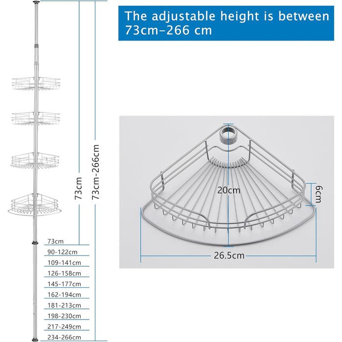 Телескопічна душова полиця DAMAI без свердління Душова полиця з нержавіючої сталі Кутова полиця з нержавіючої сталі Полиця для ванної кімнати Полиця для ванної кімнати з 4 кошиками для ванни та ванної кімнати Нержавіюча 73-266 см Сіра