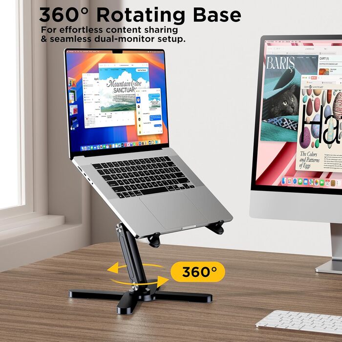Підставка для ноутбука FoldWise X для столу – алюміній, 360° обертання, складна, регульована по висоті та куту нахилу – стабільна та портативна підставка для ноутбука, MacBook та комп'ютера, 11-18 дюймів (Чорний)