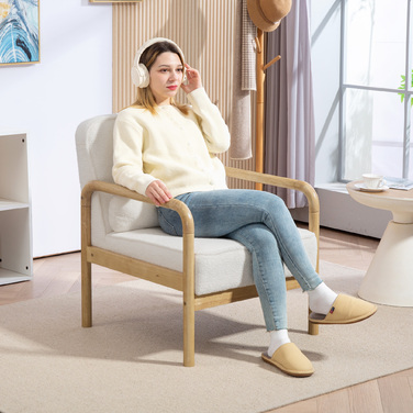 Крісло Акцентне, м'яке крісло з тканинною оббивкою, каркас з каучукового дерева, сучасне крісло з подушкою, біле