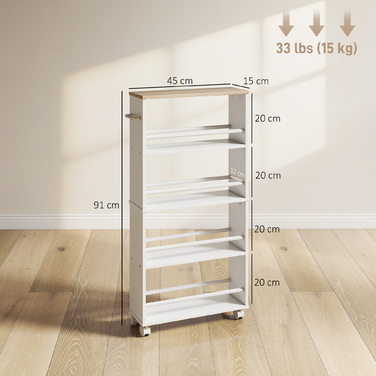 Багатофункціональна полиця на колесах, вузький дизайн, 4 відділення, 45x15x91 см, колір натуральний