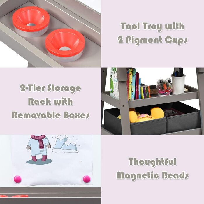 Дитяча мольберт LIFEZEAL 3 в 1: дошка для малювання, whiteboard, крейдяна дошка та рулон паперу, з 2 поличками та ящиками для зберігання, сірий