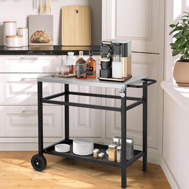 Гриль-вагон LEADZM - гриль-стіл для вулиці, 95 x 45 x 83 см, стіл з нержавіючої сталі срібного кольору, на колесах, мобільний, сервірувальний візок для садів, чорний, 95x45x83 см