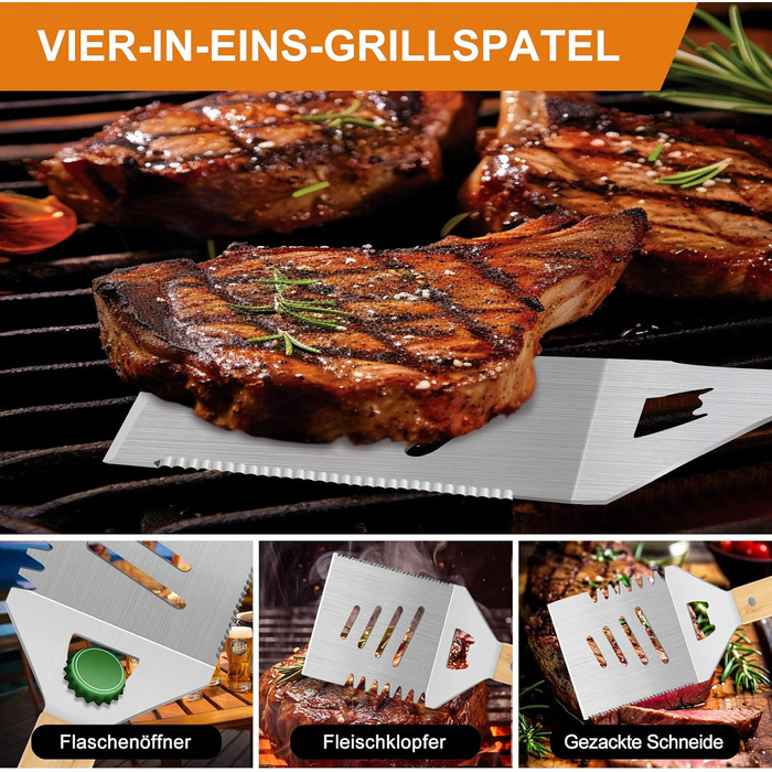 Набір барбекю Papa Geschenke: 4 шт. з нержавіючої сталі, аксесуари для гриля, подарунок для чоловіків, день народження, преміум-якість, набір інструментів для гриля в кейсі для саду та кемпінгу