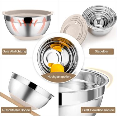 Набір мисок Onader (6 шт) з нержавіючої сталі з кришками та тертками для кухні, 4.6/2.8/2.5/1.6/1.2/0.7 л, стакові та придатні для миття в посудомийній машині, бежевий колір