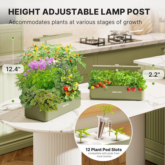 SUNCOZE Гідропонна система вирощування, набір для вирощування трав в приміщенні з LED-лампою, Smart Garden на 12 капсул, 4L резервуар для води, регульована висота, тиха інтелектуальна помпа, для дому, кухні (зелений)