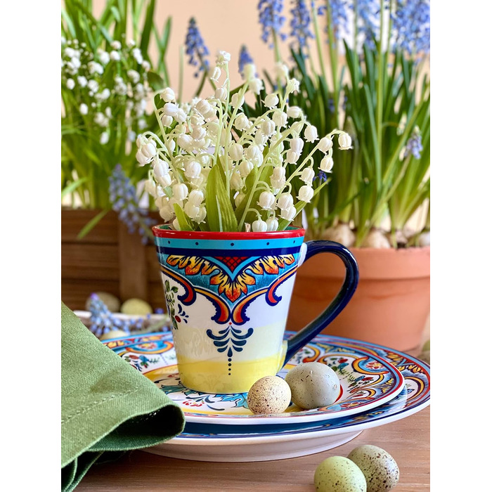 Набір посуду Euro Ceramica Zanzibar Collection, 16 частин, для кухні та їдальні, на 4 особи, з іспанським квітковим візерунком, блакитно-жовтий