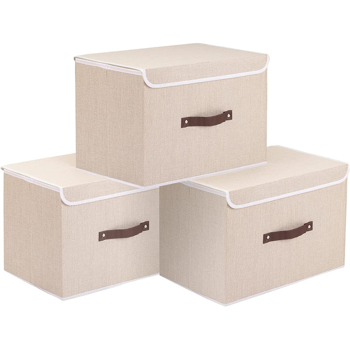 Ящики для зберігання OUTBRO з 3 предметів з кришками, 33 x 23 x 20 см, складні тканинні ящики, кошики для зберігання, органайзери для іграшок, одягу, книг, (бежевий, дуже великий (3 упаковки))