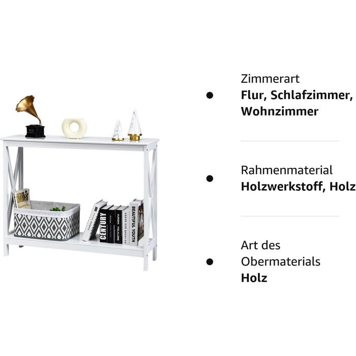 Консольний стіл LIFEZEAL з 2 рівнями, дерев'яний вхідний стіл, довгий журнальний столик, з Х-подібними барами, для вітальні, спальні, передпокою, сучасний дизайн, 100 x 30 x 80 см (Білий)