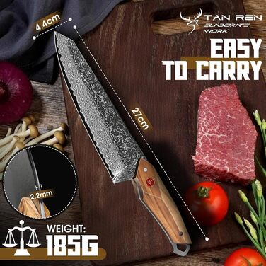 Ніж кухарський Damast від TAN REN, професійний ніж з дамаської сталі, з подарунковою коробкою, ручної роботи, для м'яса, надзвичайно гострий