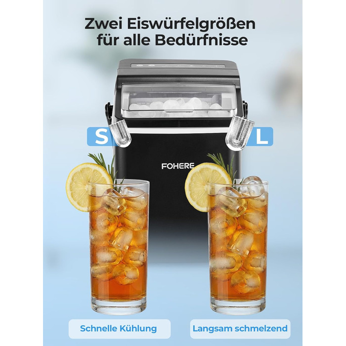 Льодогенератор Fohere портативний з ручкою, 14 кг/24 год, кулі 9 шт за 5 хв, 2 розміри, самоочищення, для дому, кухні, офісу, кемпінгу, вечірок