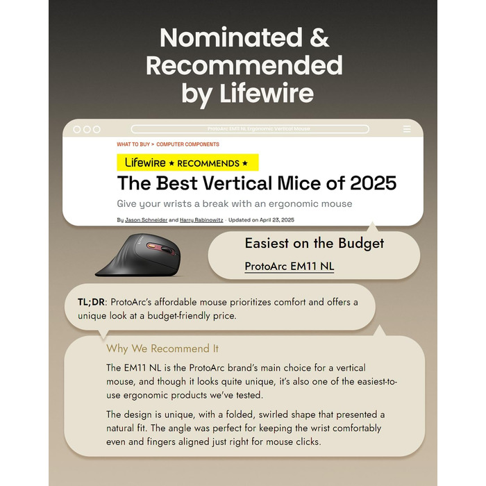 ProtoArc EM11 NL Вертикальна миша, бездротова, заряджається, Bluetooth + USB, для комп'ютера, iPad, Mac, Windows - чорний, зелений (червоний)