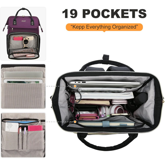 Рюкзак для ноутбука LOVEVOOK для жінок, великий шкільний рюкзак для підлітків, рюкзак ручної поклажі, водонепроникний дизайн, дихаючі лямки, для університету, школи та подорожей, бежевий, сірий (17 дюймів, B - темно-фіолетовий, чорний)