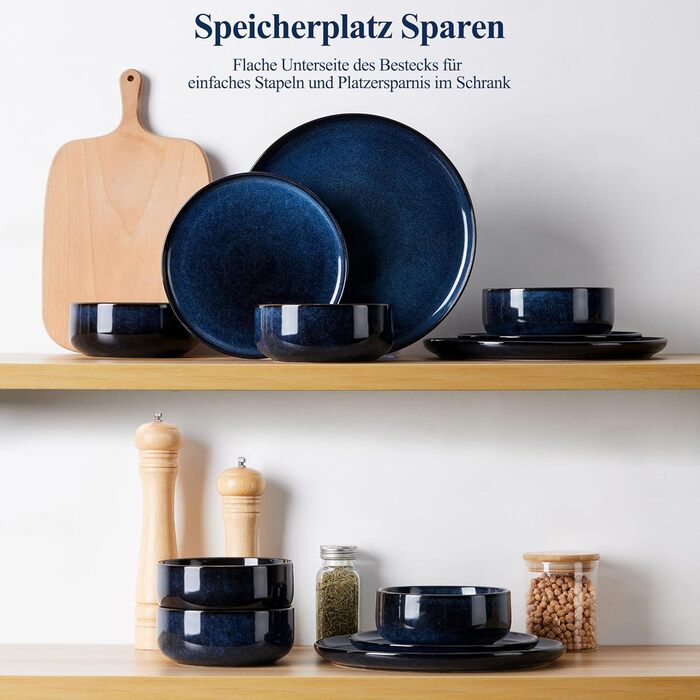 Набір посуду Joyfair на 6 осіб (18 предметів) з кераміки, блакитного кольору. Тарілки, миски, глибокі тарілки. Для мікрохвильовки та посудомийної машини.