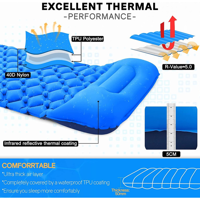 Спальний килимок, кемпінг надувний надувний матрац / відкритий спальний килимок, надлегкий вологостійкий надувний надувний матрац / водонепроникний спальний килимок, Синій надувний кемпінговий надувний матрац