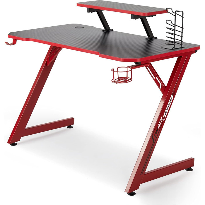 Ігровий стіл Intimate WM Heart 110 см: ергономічний стіл з карбоновою поверхнею, тримач для навушників, підставки для напоїв та аксесуарів, чорно-червоний