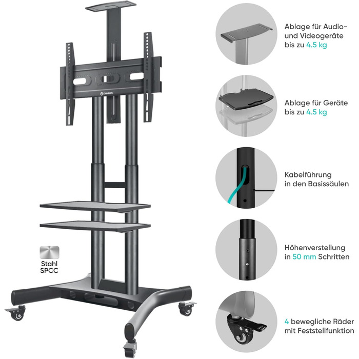 Тумба під телевізор ONKRON Rollable 40-70 дюймів, 45,5 кг, з колесами та 2 полицями, регульована по висоті, Чорна