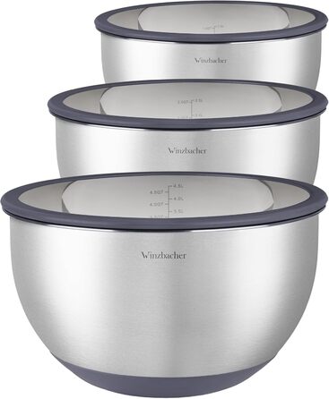 Набір мисок з нержавіючої сталі з кришками [3 шт.] 1л + 2.5л + 4.5л | Миски для перемішування, салатники, набір мисок | Нековзні, складаються, придатні для миття в посудомийній машині