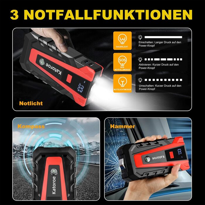 Powerbank Starthilfe 4000A: Зарядний пристрій для автомобіля, SUV та мотоцикла з LED ліхтариком. Підходить для бензинових двигунів до 9.0L та дизельних до 7.0L.