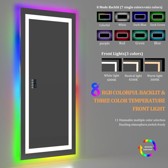 Дзеркало для ванної кімнати LUVODI LED 40x50 см з підсвічуванням, сенсорним вимикачем, 3 режими кольору, захист від запотівання, RGB, Bluetooth, 140x70 см