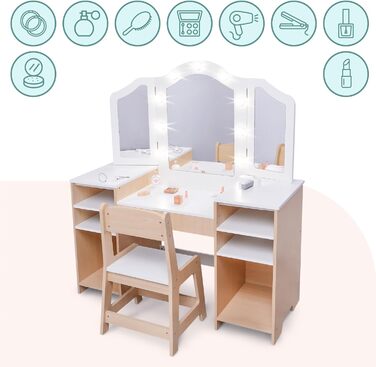 Детський туалетний столик Mamabrum XXL з дерева з пуфом та LED-дзеркалом. Туалетний столик для дівчаток з ящиком, аксесуарами та світлодіодним дзеркалом, від 3 років (MAM238 VANITY TABLE)