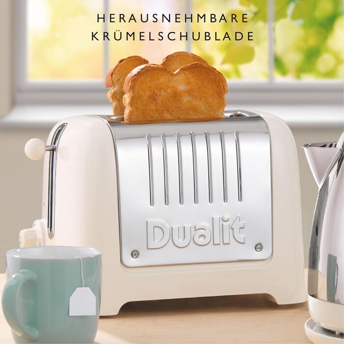 Тостер Dualit Lite на 2 скибочки - Тости 1,1 кВт 60 скибочок тостів на годину - Полірований з обідком - Функція для бублика та розморожування - Тостер шириною 36 мм (вилка ЄС, біле полотно)