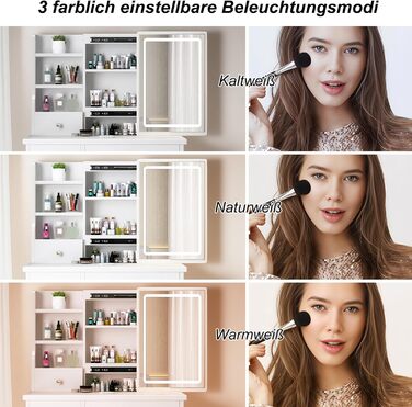 Дзеркальний туалетний столик YuYe з LED-підсвічуванням, регульованою яскравістю, з пуфом, 5 шухлядами та 3 полицями, білий, модель T68