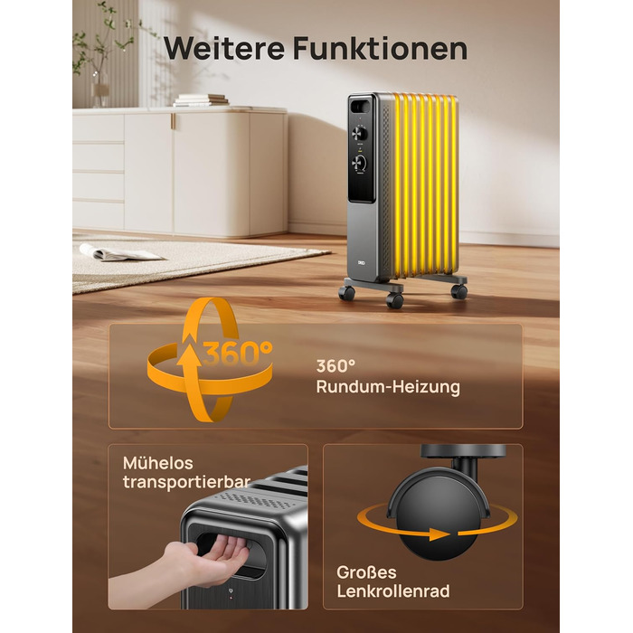 Електричний масляний радіатор Dreo з 9 ребрами, 2000W, тихий, з захистом від перегріву та перекидання, термостатом, дитячим замком, енергозберігаючий