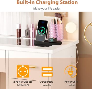 Великий туалетний столик ANWBROAD з регульованою LED-підсвіткою 3 кольорів та розеткою. Сучасний туалетний столик з дзеркалом, 7 ящиків, білий, 140x110x40 см. Модель BDT83W