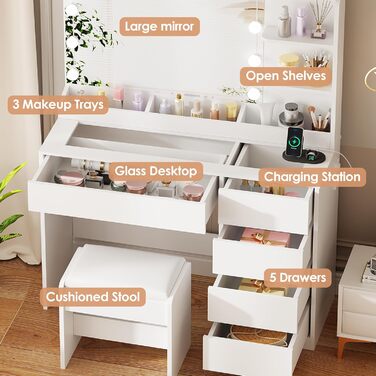 Трюмо з LED-підсвічуванням та пуфом ANWBROAD BDT74W, з дзеркалом, розетками та 5 шухлядами, сучасний білий колір