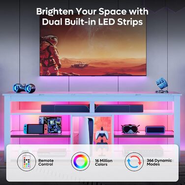 Тумба під телевізор Bestier 70 дюймів з підсвіткою LED, для PS5, біла мармурова - 160x33.8x66.8 см