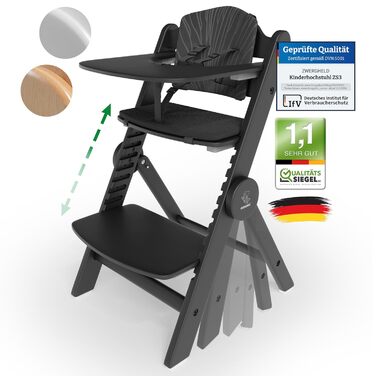 Дитячий стільчик ZWERGHELD® ZS3 Premium - з регулюванням, складний, росте разом з дитиною. Підходить для дітей від 6 місяців до 90 кг, з підносом. Дерев'яний дитячий стільчик (натуральний колір) білий-натуральний (pearl-black)