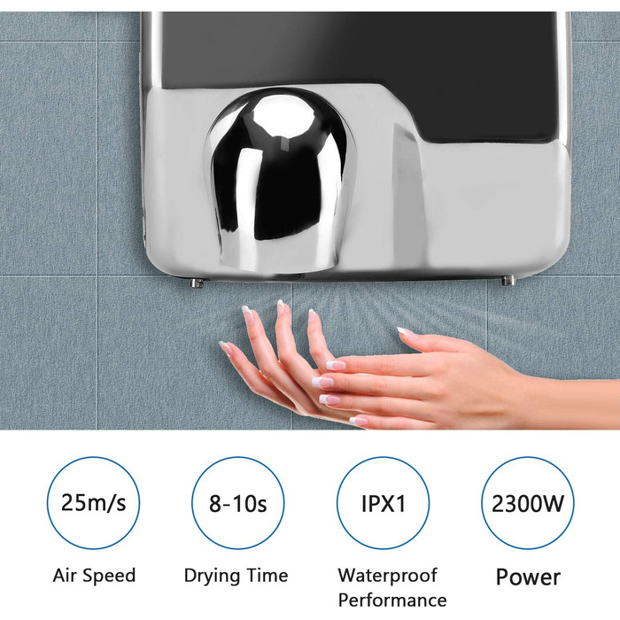 Електричний сушар для рук автоматичний, високошвидкісний, нержавіюча сталь, 2300W, настінний монтаж, сушка за 8-10 секунд, для комерційних туалетів