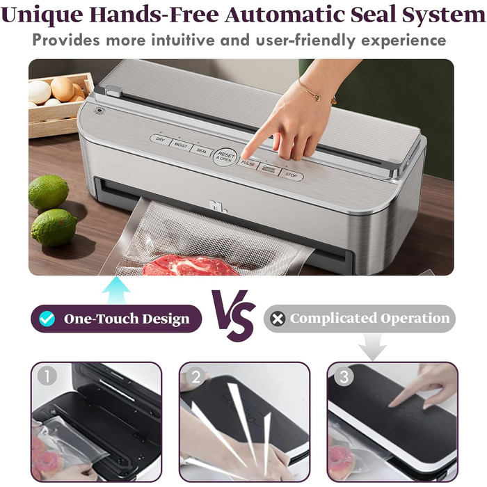 Вакууматор Mesliese 85kPa 120W для продуктів, автоматична машина для вакуумного пакування з вбудованим різаком та відсіком для пакетів, сталь, 2 рулони в комплекті