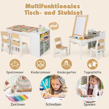 Детский стол Dreamade 3 в 1 с 2 стульями из дерева, стол для рисования с откидной столешницей и 2 тканевыми ящиками & рулон бумаги, детская мебель с хранением для детской комнаты (Натуральный, с 7 секциями)