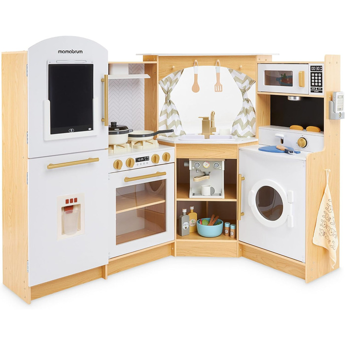 Дерев'яна кухня Мамабрум XXXL з LED-підсвічуванням та диспенсером для кубиків льоду - дитяча кухня з аксесуарами (мікрохвильова піч, посуд, столові прибори) для дітей 3+