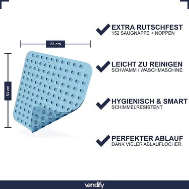 Преміум нековзний килимок для душу 53x53 см-нековзний килимок для душу, ванна без бісфенолу А-квадратний килимок для ванної з 152 присосками-Килимок для ванни стійкий до цвілі і машинного прання (прозорий синій)