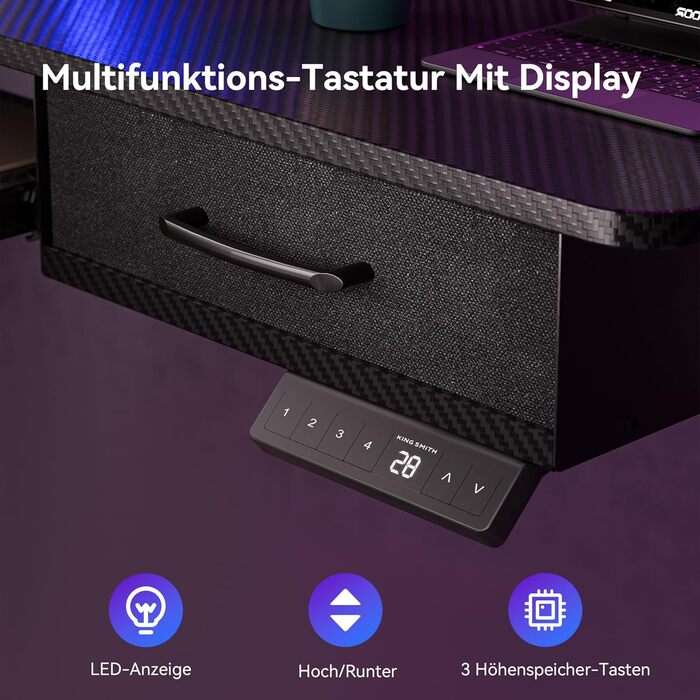 Регульований за висотою стіл Höfer з підставкою для клавіатури, 160x60 см. Стіл для комп'ютера з 2 шухлядами, підставка для монітора для дому/офісу, чорний 160 x 60 см