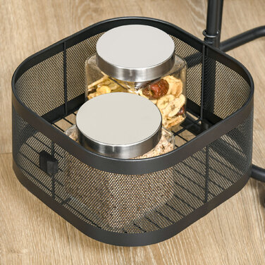 Поворотний кухонний візок на 4 рівнях з коліщатками та дротяними кошиками. Візок з верхньою полицею, розміром 33x33x77 см, чорного кольору.