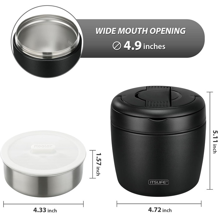 Термоконтейнер для їжі Itslife 970мл, термоконтейнер з кришкою, з нержавіючої сталі з ложкою, термотермос для їжі, ланч-бокс для супів, дитячого харчування, каші (зелений) (чорний)