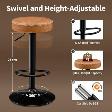 Набір з 2 барних стільців з мікрофібри, з підніжкою, обертаються на 360°, витримують до 150 кг, коричневі