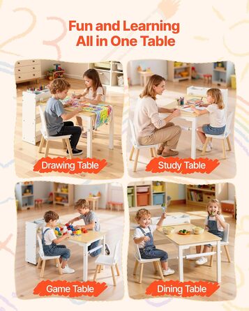 Дитячий стіл VEVOR з 2 стільцями та шафкою 3 ящики, набір для малювання, читання, письма, ігор, дитяча кімната, дитячий садок, білий + натуральне дерево, сучасний дизайн