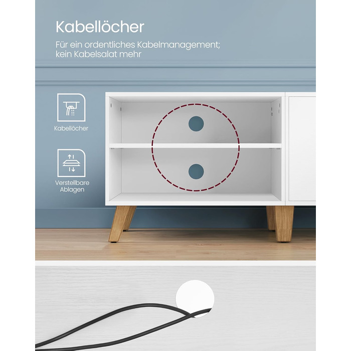 Тумба під телевізор VASAGLE 160 см, біла, з двома дверцятами, для ТВ до 65 дюймів, з регульованими полицями, для вітальні, спальні