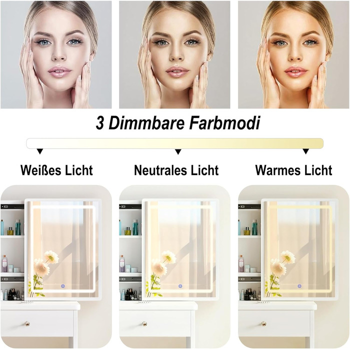 Дзеркальний туалетний столик DATO з LED-підсвічуванням, 3 колірні температури та регулюванням яскравості, з пуфом, 5 шухляд та 3 полиці, з розсувним дзеркалом (T68)