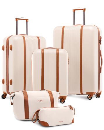 Набір валіз FERGÉ Milano 5-ти частинний (3 розміри) + сумочка для косметики + сумка для подорожей - чорний/бежево-коричневий